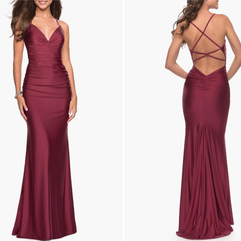 La Femme Burgundy Strappy Back Ruched Trumpet Gown Size 4